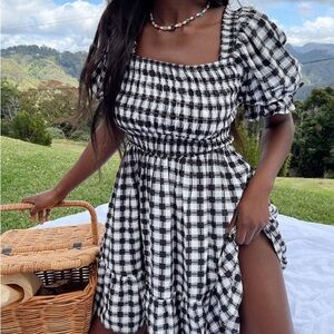 Princess Polly Adelio Mini Dress Puff Sleeve Black/White Gingham Size 10